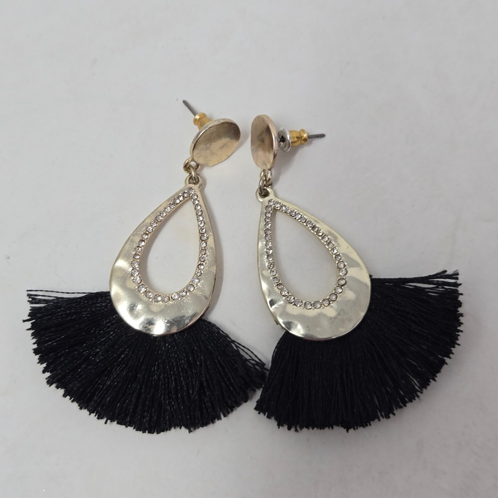 Loft Gold Tone Crystal Pave Teardrop‎ Black Fan Tassel Drop Earrings